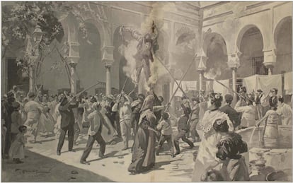 Dibujo de Gennaro D’Amatto que ilustra la representación del ajusticiamiento de Judas en un patio de vecinos de Sevilla a finales del siglo XIX, publicado en 1899 en la revista 'L’Illustration, Journal Universel'.