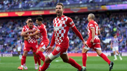 Cristhian Stuani celebra el primer gol del Girona al Valladolid, el pasado 13 de mayo.