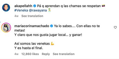 Captura de pantalla de comentario de María Corina Machado en Instagram sobre 'Veneka'