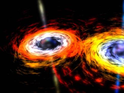 Ilustração mostra dois buracos negros prestes a se fundirem