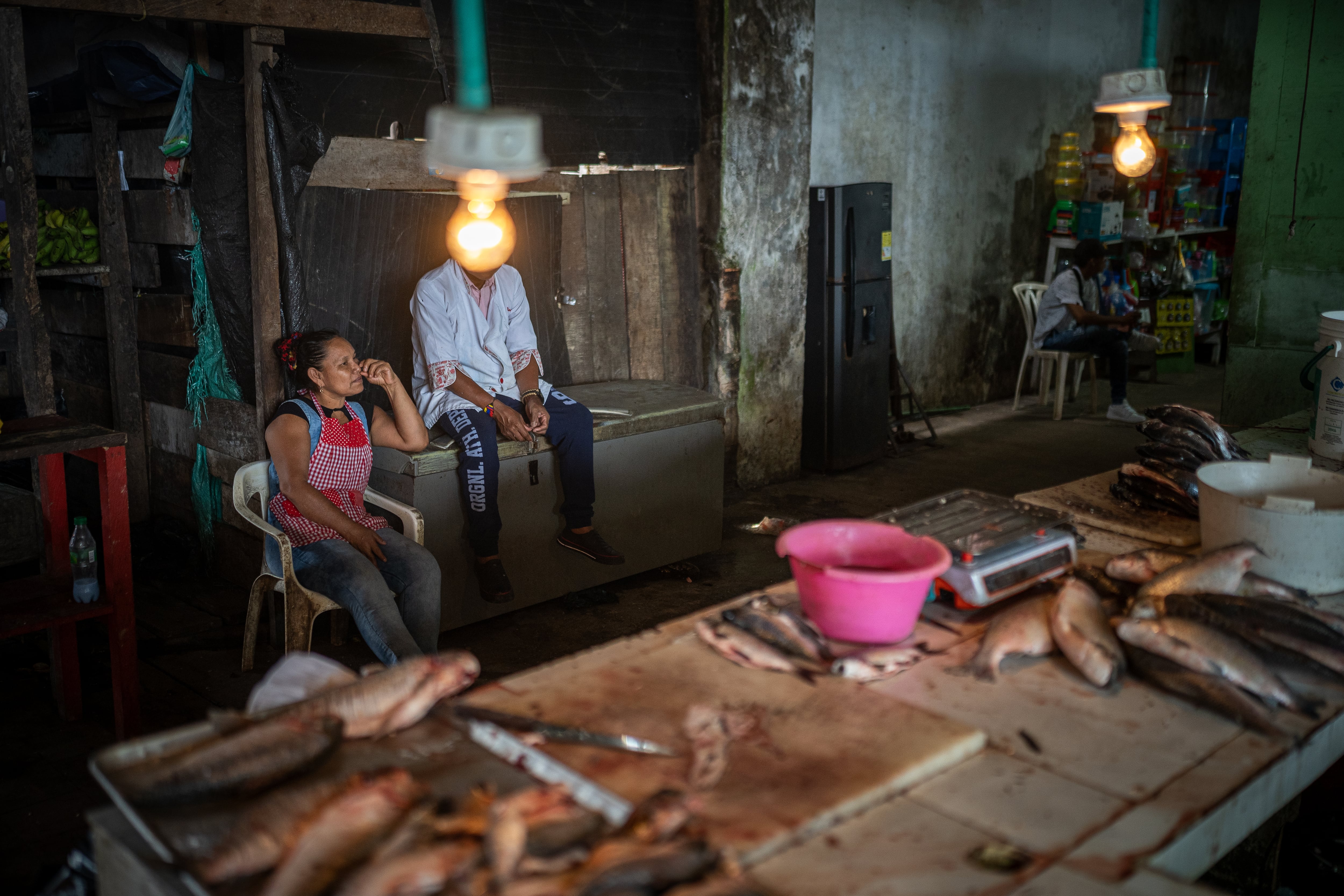 Venta de pescados en la Plaza de mercado de Leticia en Amazonas (Colombia).