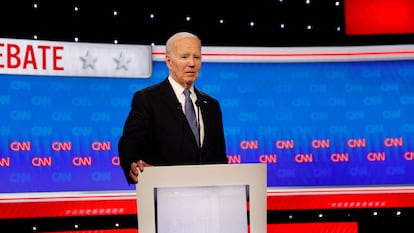 El presidente de EE UU, Joe Biden, durante el debate presidencial de este jueves en Atlanta (Georgia).