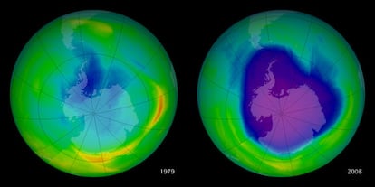 El 'agujero' de la capa de ozono de 1979 y en 2008 medido desde satélite. Los códigos de color indican la concentración de ozono (la máxima, en naranja; la mínima, en violeta).