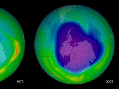 El 'agujero' de la capa de ozono de 1979 y en 2008 medido desde satélite. Los códigos de color indican la concentración de ozono (la máxima, en naranja; la mínima, en violeta).