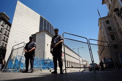 Two officers stand at the entrance of a barricade outside Congress last Wednesday.