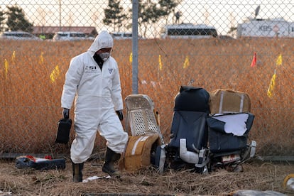 Un polica inspecciona los restos del avin siniestrado en el aeropuerto de Muan, este domingo. 