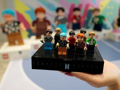 A Lego set made of its blocks featuring K-pop band BTS, is shown during a publicity event at a store in Seoul, South Korea, on March 2, 2023.