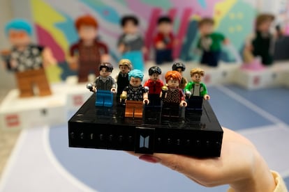 A Lego set made of its blocks featuring K-pop band BTS, is shown during a publicity event at a store in Seoul, South Korea, on March 2, 2023.