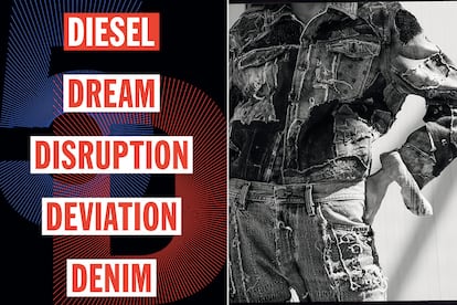 El libro ‘5D: Diesel, Dream, Disruption, Deviation, Denim’ y detalle de una de las creaciones de la marca.