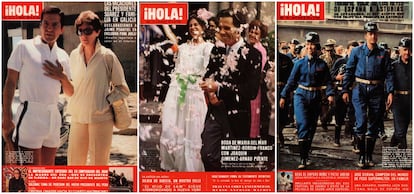 De izquierda a derecha, Adolfo Suárez en una portada de agosto de 1980; la exclusiva de la boda de Jimmy Giménez-Arnau y Merry Martínez-Bordiú, la nieta de Franco, en 1977; y los reyes Juan Carlos y Sofía, en mayo de 1976.