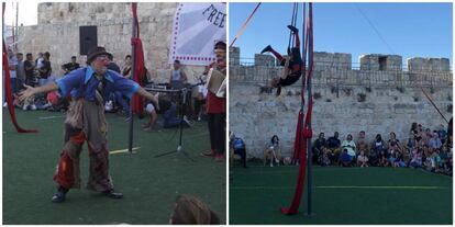 Dos momentos de la actuación de la ONG Pallasos en Rebeldía en la Ciudad Vieja de Jerusalén.