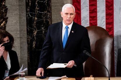 Vice President Mike Pence officiates as a joint session of the House and Senate convenes to confirm the Electoral College votes cast in November's election, at the Capitol in Washington, Wednesday, Jan. 6, 2021.