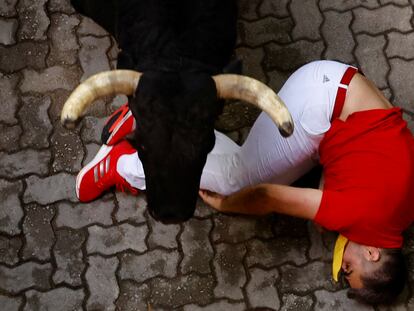 Un toro de la ganadería Fuerte Ymbro pasa por encima de un mozo, durante el cuarto encierro de los Sanfermines 2024 este miércoles, en Pamplona.