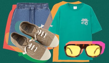 Pantalones cortos de Guess, zapatillas Victoria, camiseta y gafas Pull&Bear.