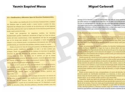 A la izquierda, la tesis de doctorado de la ministra Yasmín Esquivel Mossa contrastada con una página de libro 'Los derechos fundamentales en México', del jurista Miguel Carbonell.