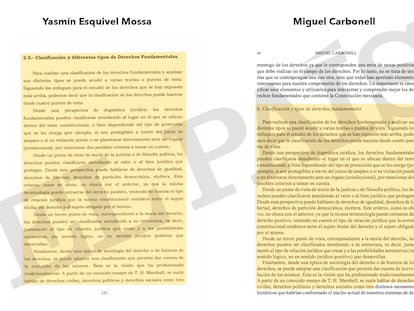 A la izquierda, la tesis de doctorado de la ministra Yasmín Esquivel Mossa contrastada con una página de libro 'Los derechos fundamentales en México', del jurista Miguel Carbonell.