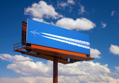 Photograph of airplane on billboard.