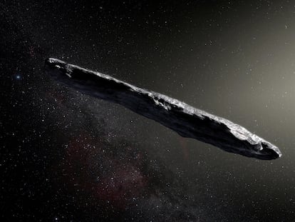 Recreación artística del objeto denominado Oumuamua, que atravesó el sistema solar.