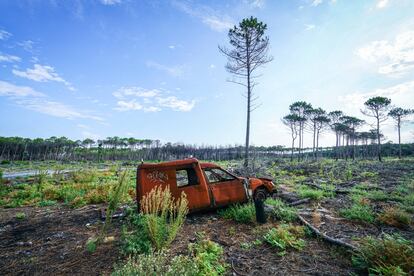 Un coche calcinado por el incendio en el bosque de las Landas.