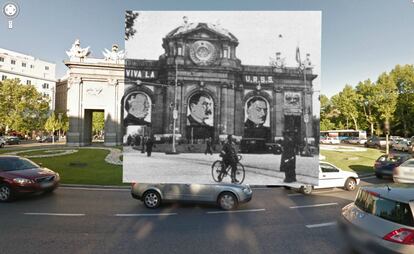 La puerta de Alcalá presidida por el rostro de Stalin.