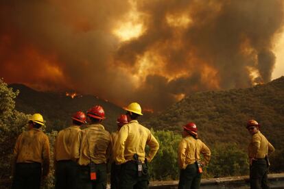 Grupos de bomberos observan los destrozos del fuego.