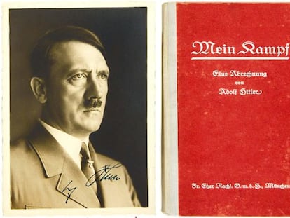 Foto de una primera edici&oacute;n de Mein Kampf, firmada por Hitler.