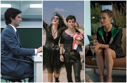 De izquierda a derecha, Adam Scott en 'Separación', Claudia Salas y Guillem Barbosa en 'La Ruta' y Alicia Vikander en 'Irma Vep'.