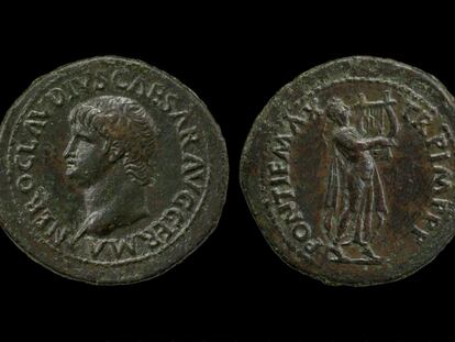 A copper coin with two representations of Nero.