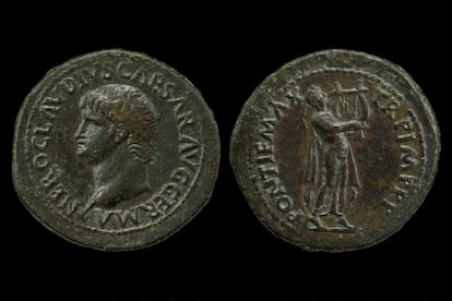 A copper coin with two representations of Nero.