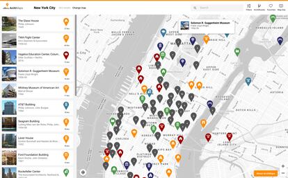 El mapa de Archimaps muestra la ubicación de los edificios en relación con la posición del usuario, mientras que el listado puede ser ordenado según diversos criterios.