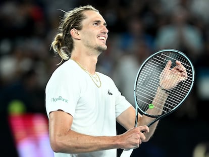 Alexander Zverev of Germany celebrates winning his men's quarterfinal match against Carlos Alcaraz of Spain on Day 11 of the 2024 Australian Open in Melbourne, Australia, 25 January 2024.