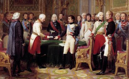 Pintura de Nicolas Gosse que muestra a Napoleón con un embajador austriaco en 1808. Entre ambos se sitúa Talleyrand.