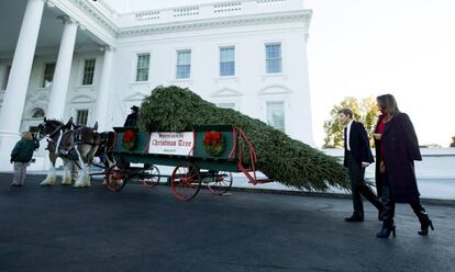 La primera dama estadounidense, Melania Trump, acompa&ntilde;ada de su hijo Barron Trump, junto al &Aacute;rbol de Navidad de la Casa Blanca.