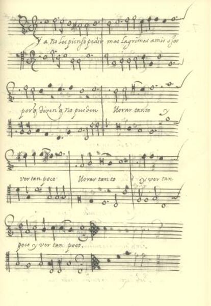 Partitura de 'Ya no les pienso pedir' del manuscrito de 'Fortunas de Andromeda y Perseo’, en la Houghton Library, Cambridge (Massachusetts).