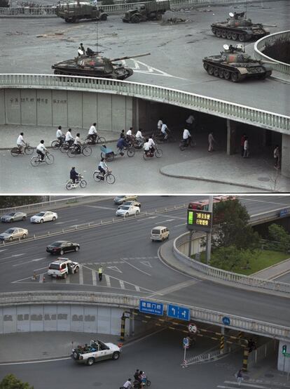 Arriba, un grupo de personas se saltan la ley marcial paseando con sus bicicletas, 6 de junio de 1989. Abajo, un vehículo con policías chinos patrulla bajo el mismo puente en Pekín, 29 de mayo de 2014.