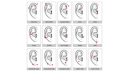 Imagen explicativa de los distintos piercing de la oreja.