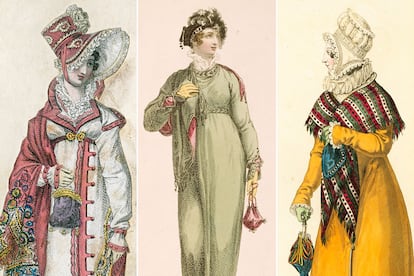 Las ilustraciones de comienzos del s. XIX muestran una silueta imperio, entallada bajo el pecho, acompañada por largos chales y ridículos a la muñeca.