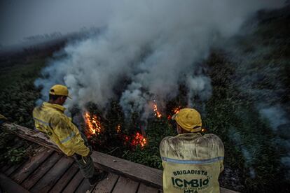 Bomberos observan el fuego  en la localidad de Porto Jofre, estado de Mato Grosso, el 17 de septiembre pasado.