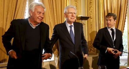 Gonz&aacute;lez, Monti y Berggruen, durante una rueda de prensa antes del inicio del debate del Consejo para el Futuro de Europa, en Madrid.