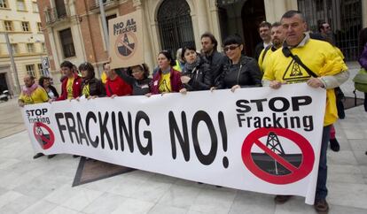 Miembros de la plataforma antifracking ante la diputaci&oacute;n de Castell&oacute;n.