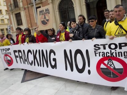 Miembros de la plataforma antifracking ante la diputaci&oacute;n de Castell&oacute;n.