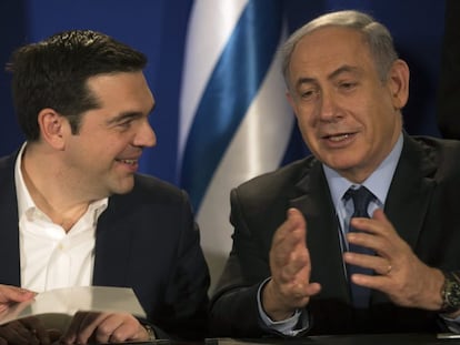 El primer ministro de Israel, Benjamín Netanyahu (derecha), y su homólogo de Grecia, Alexis Tsipras, en Jerusalén.