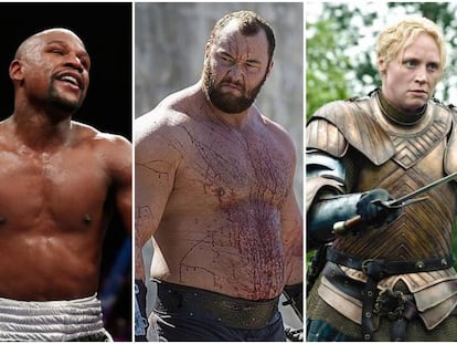 De izquierda a derecha, el boxeador Floyd Mayweather, 'La montaña' y Brienne de Tarth (personajes de 'Juego de tronos') y el luchador irlandés Conor McGregor.