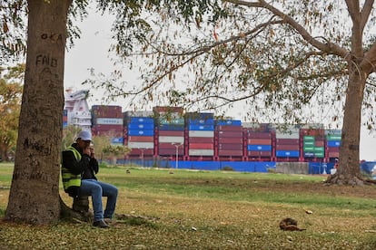 Un trabajador, frente a un buque que atraviesa este martes el canal de Suez.