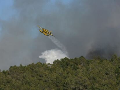 Una avioneta lanza agua para apagar el fuego.