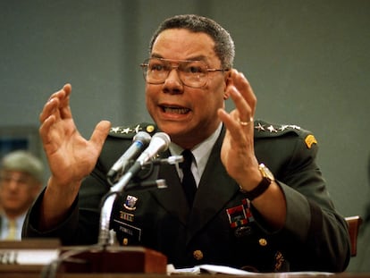 FILE - In this Sept. 25, 1991, file photo, Gen. Colin Powell, chairman of the Joint Chiefs of Staff, speaks on Capitol Hill in Washington, at a House Armed Services subcommittee. Powell, former Joint Chiefs chairman and secretary of state, has died from COVID-19 complications, his family said Monday, Oct. 18, 2021. (AP Photo/Marcy Nighswander, File)