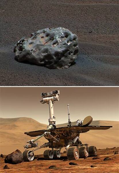El meteorito encontrado por el <i>Opportunity</i> (abajo en un dibujo).
/ NASA