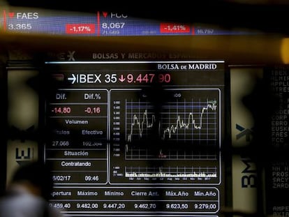 Panel informativo de la Bolsa de Madrid que muestra la evolución del principal indicador de la Bolsa española, el IBEX 35.