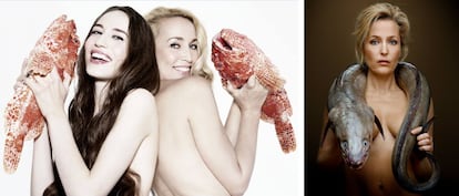 El perfil de Facebook de la fundación Blue Marine, dedicada a la preservación de los océanos, se llenó en febrero de 2015 de desnudos reivindicativos. Actores, cantantes y personalidades británicas se fotografiaron con peces como parte de una campaña contra la sobreexplotación pesquera. El actor Ben Kingsley sostenía un pulpo, la intérprete Helena Bonham Carter abrazaba a un atún o Terry Gilliam bromeaba frente a un cangrejo. En la imagen, Lizzy Jagger junto a su madre Jerry Hall y, a la derecha, la actriz Gillian Anderson. 