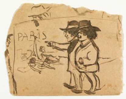 Pablo Picasso y Manuel Pallarès contemplando la torre Eiffel